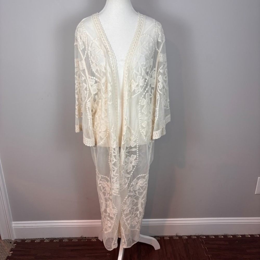 Indigo Poppy Womens White Lace Crochet Duster Cardigan sz 2X Sheer Beach Summer